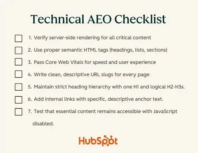 answer engine optimization best practices; Technical checklist for answer engine optimization best practices, including semantic HTML and Core Web Vitals
