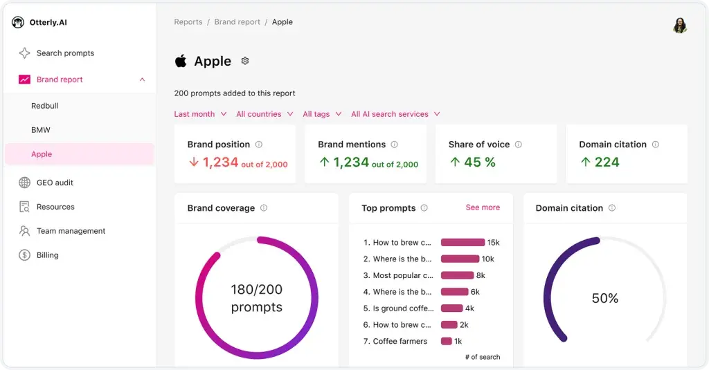 A screenshot of Otterly.ai's AEO visualization tool showing how response engine optimization tools work