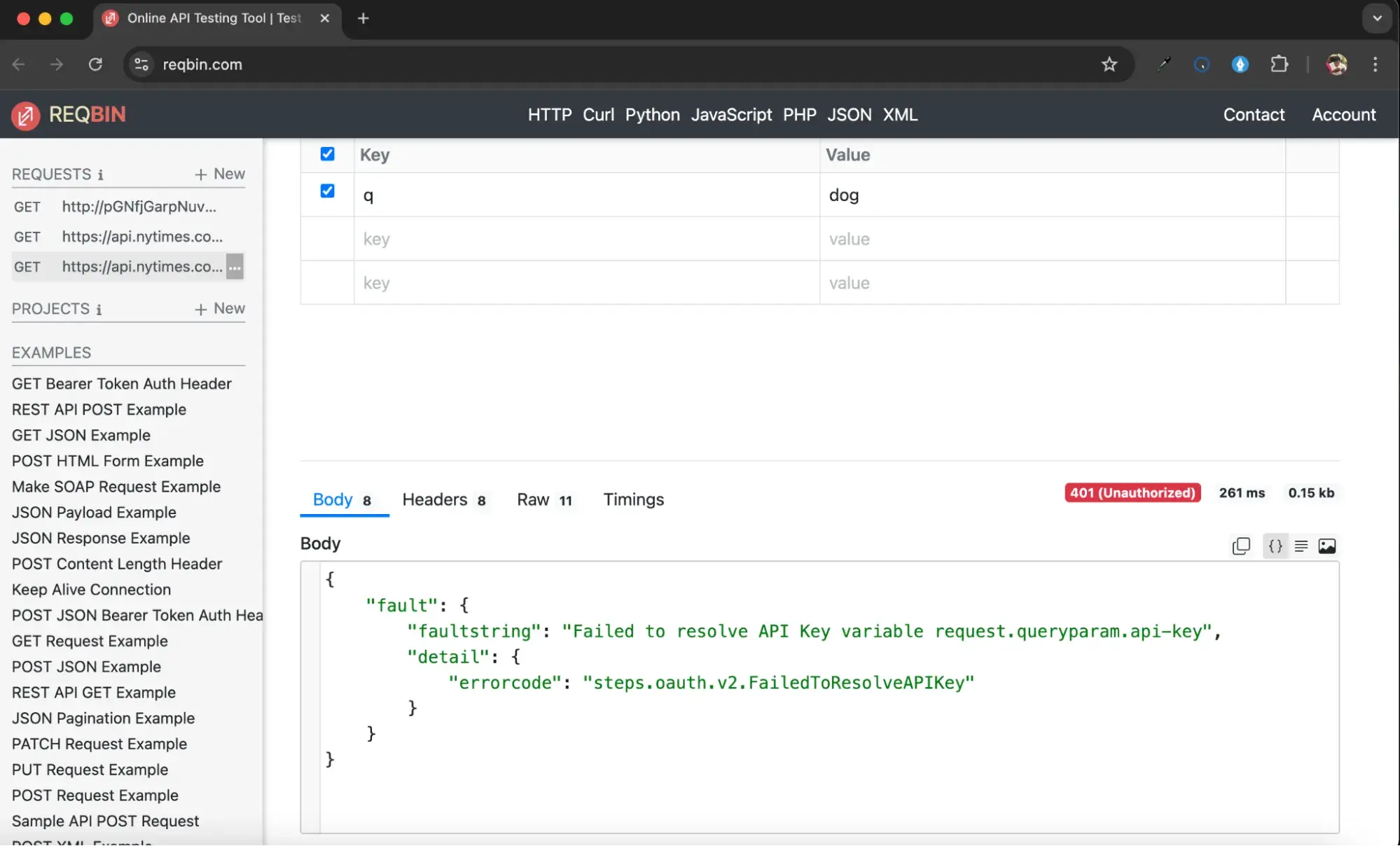 test api calls: send request
