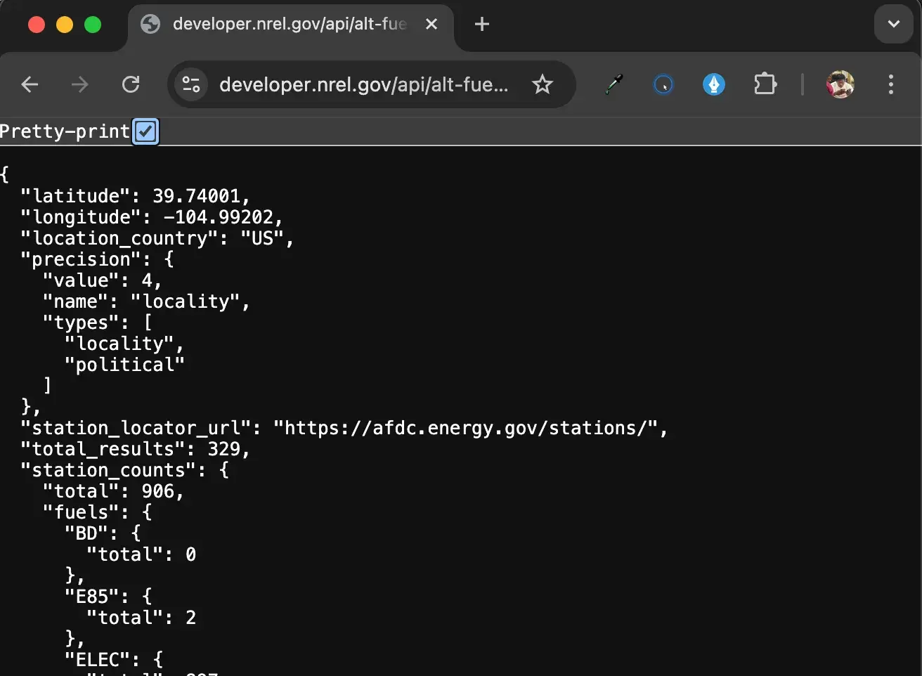 api call: nrels alternative fuel stations api output in json (pretty-print)