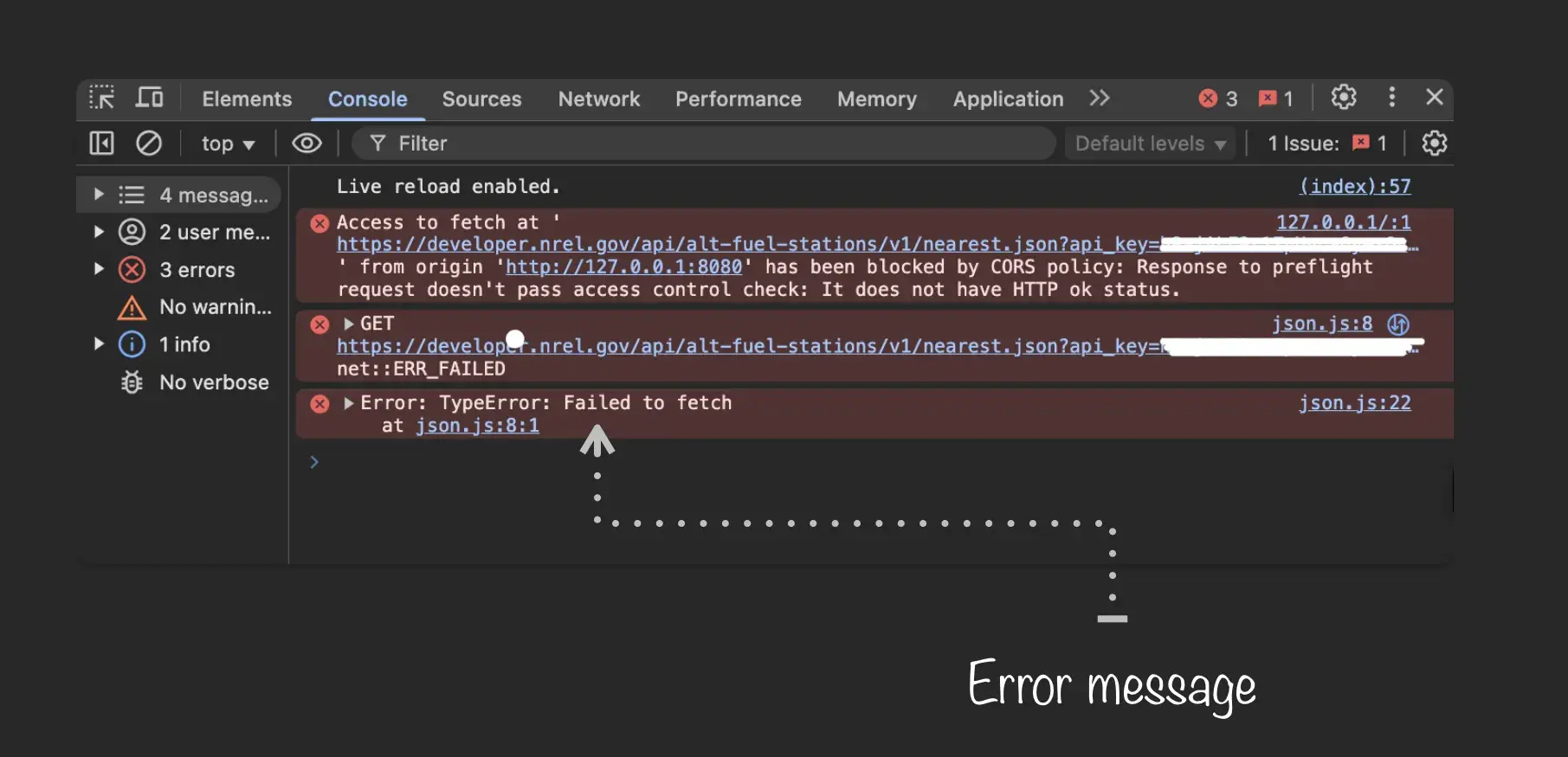 api call: error message