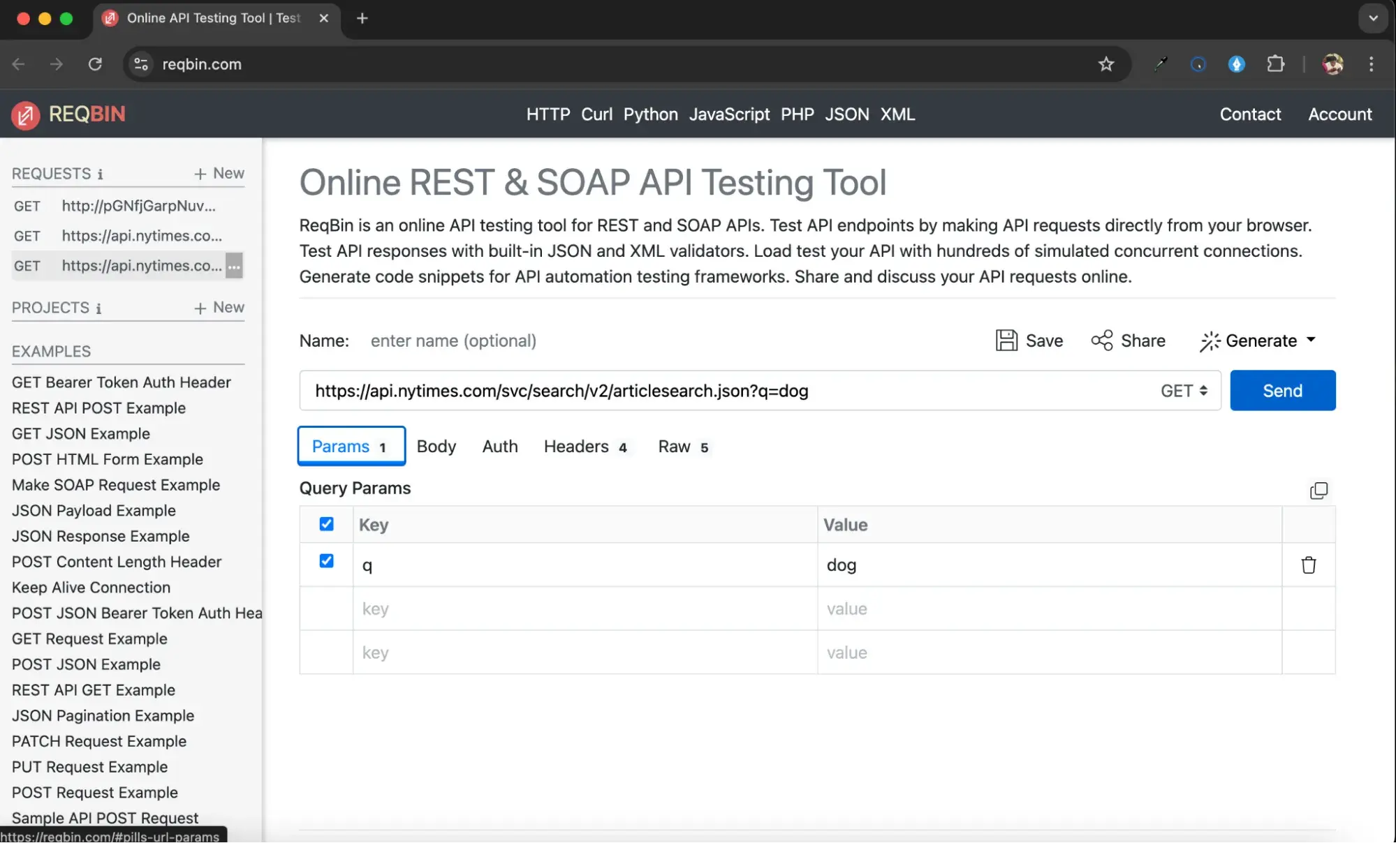 test api calls: enter url of api endpoint