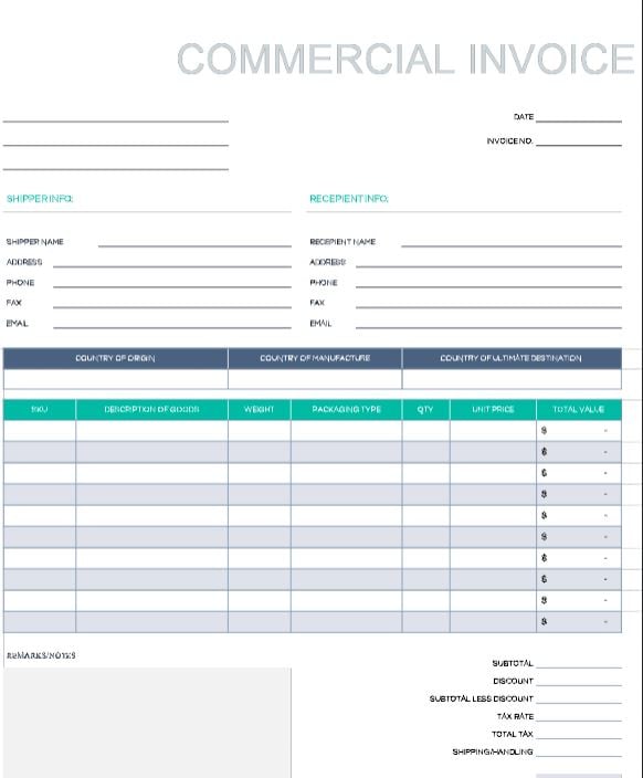 Commercial Invoice Template for Excel