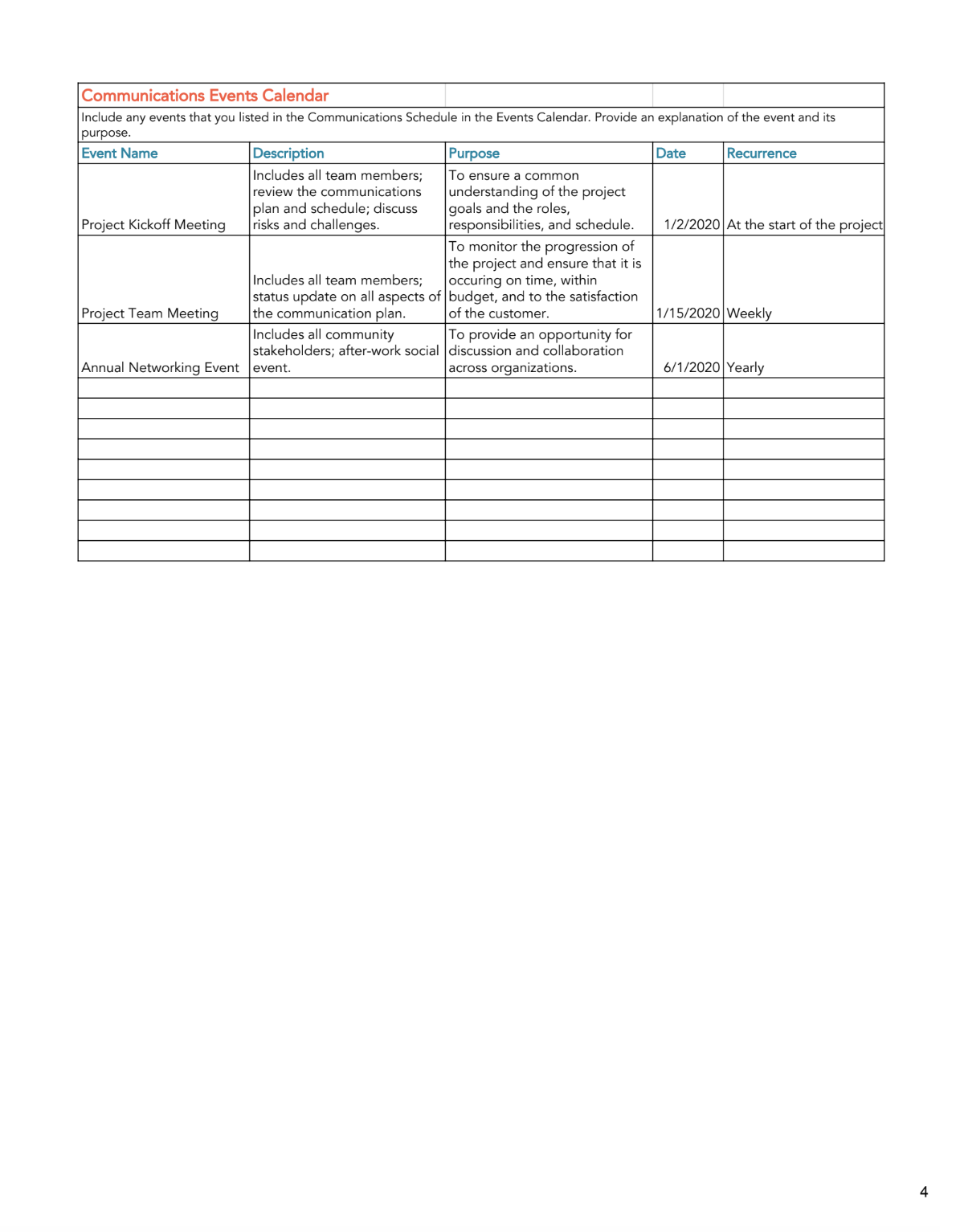 communication plan template excel