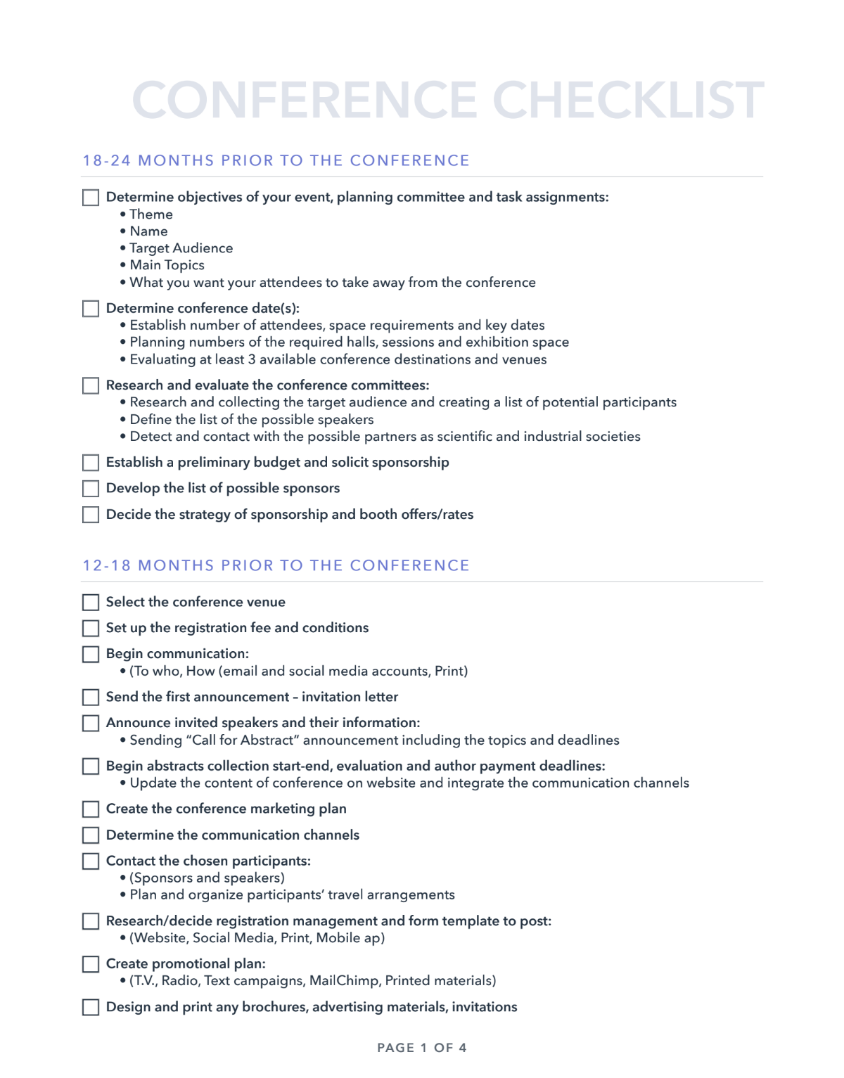 Conference planning checklist template on PDF