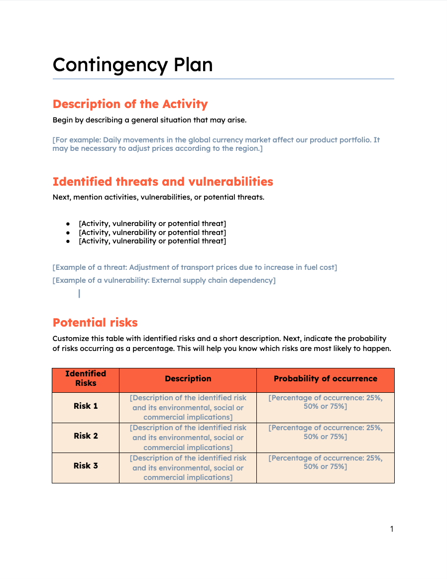 contingency plan in a business plan example