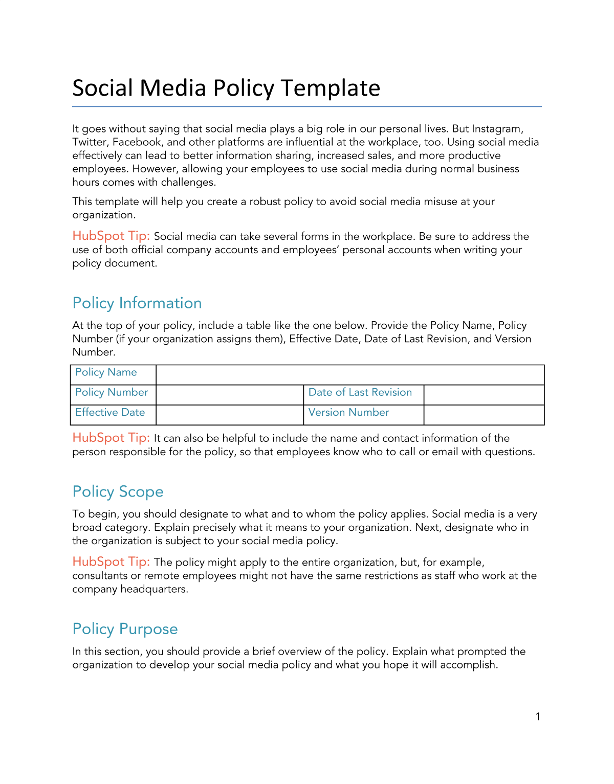 Free Social Media Policy Template For Word PDF Google Docs HubSpot