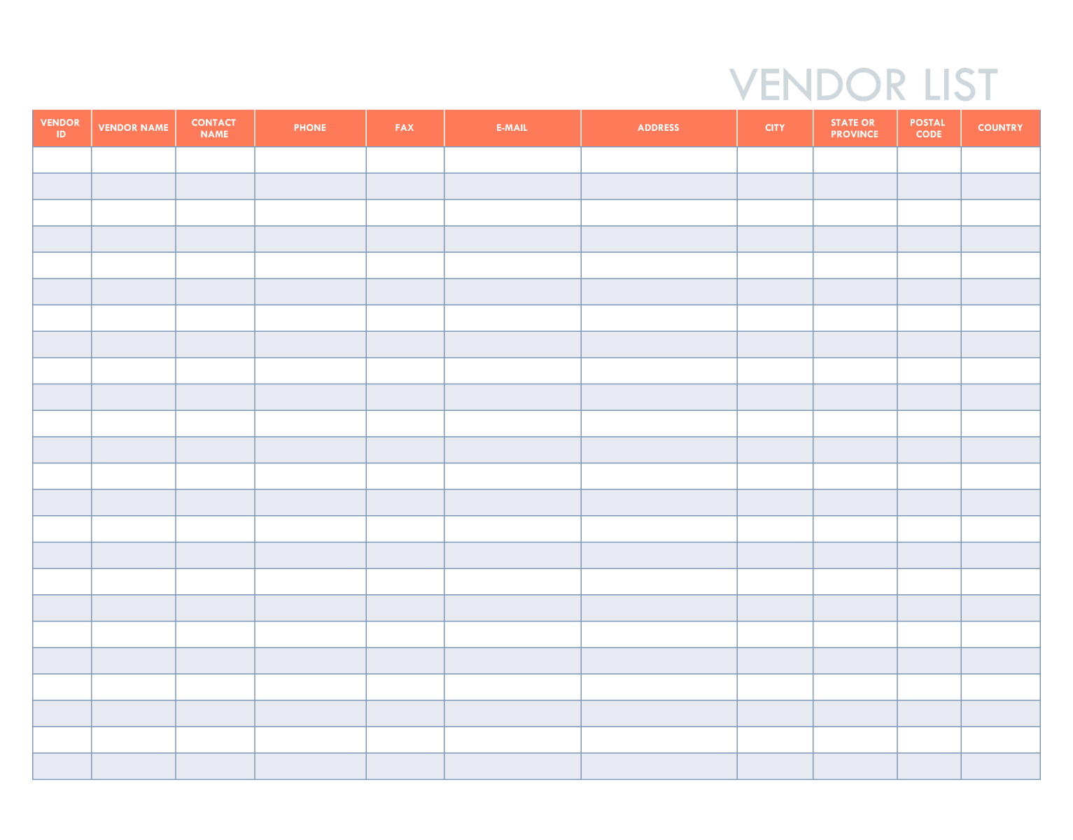 excel template list