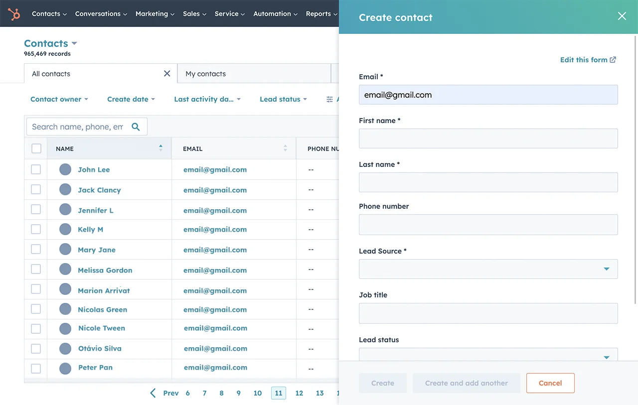 HubSpot contact management software showing contact creation