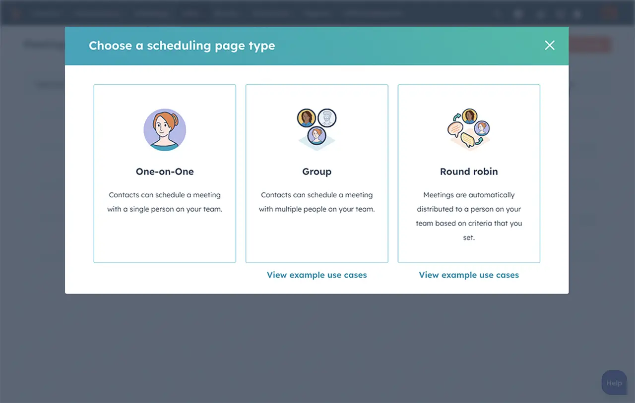 HubSpot scheduling software showing scheduling options