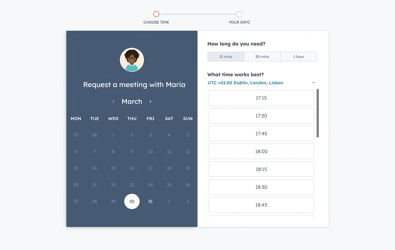 HubSpot scheduling tool showing booking a meeting