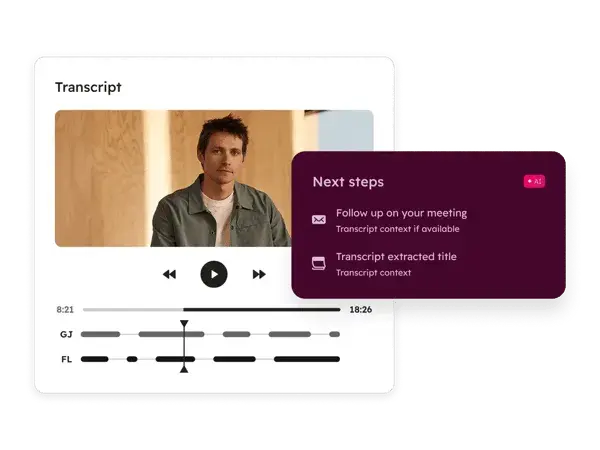 hubspot sales hub call review interface with video transcript and next steps recommendations