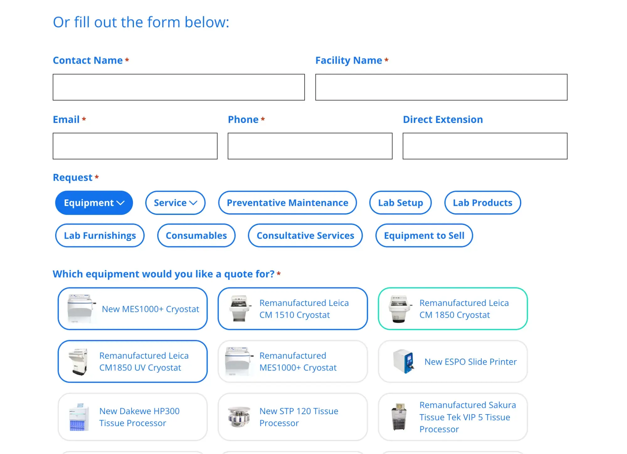 b2b ecommerce website examples: medical equipment source’s quote request form with images of products