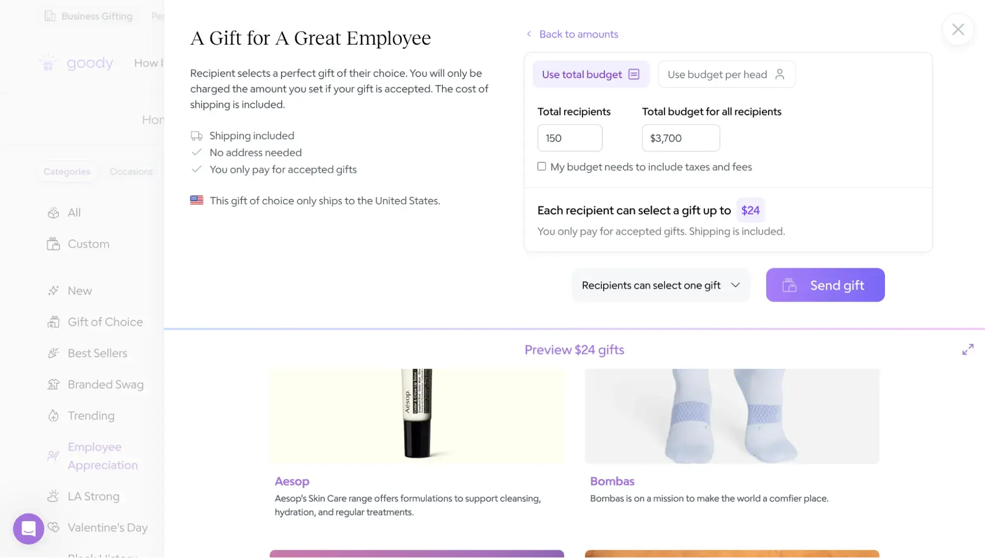 b2b ecommerce website: goody’s gift budget calculator