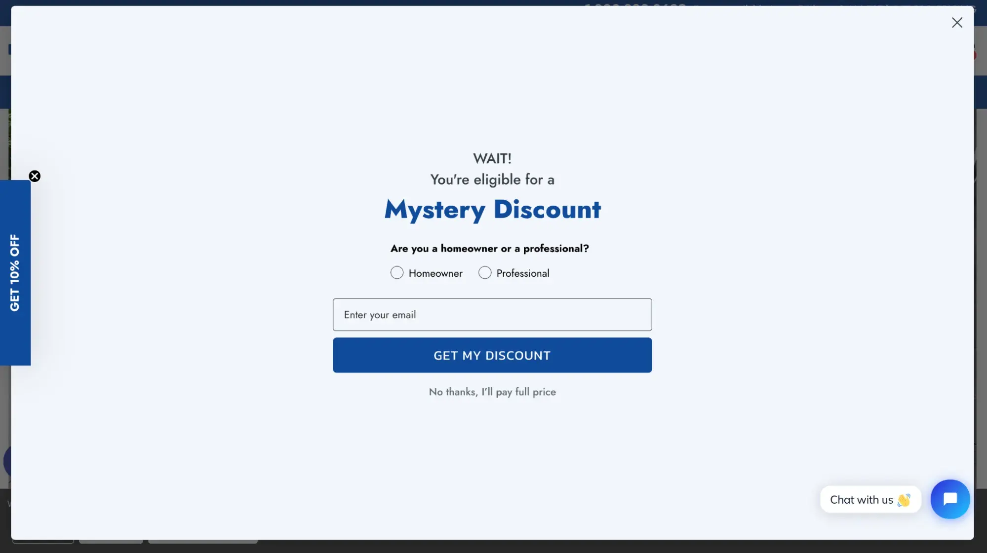b2b ecommerce website examples: houzer’s exit intent popup