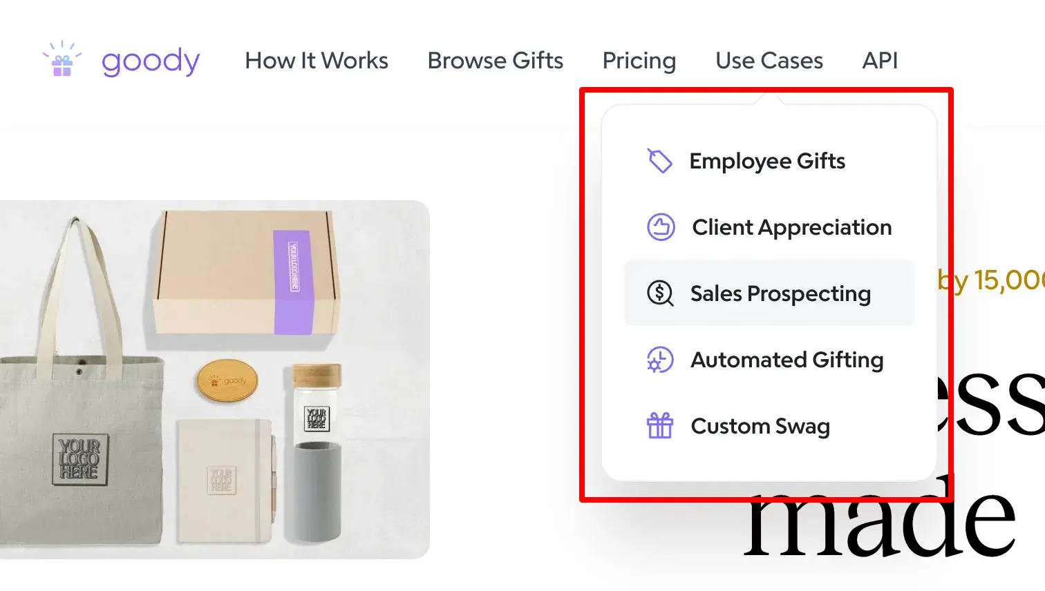 b2b ecommerce website examples: goody’s use cases pages in a dropdown menu