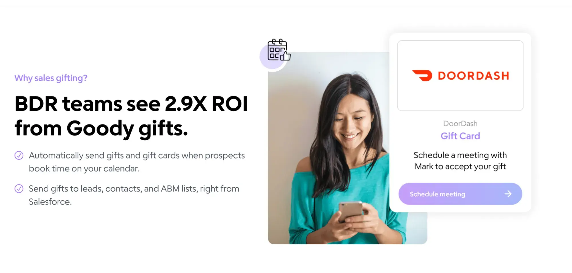 b2b ecommerce website examples: goody’s use case page says, “bdr teams see 2.9x roi from goody gifts.”