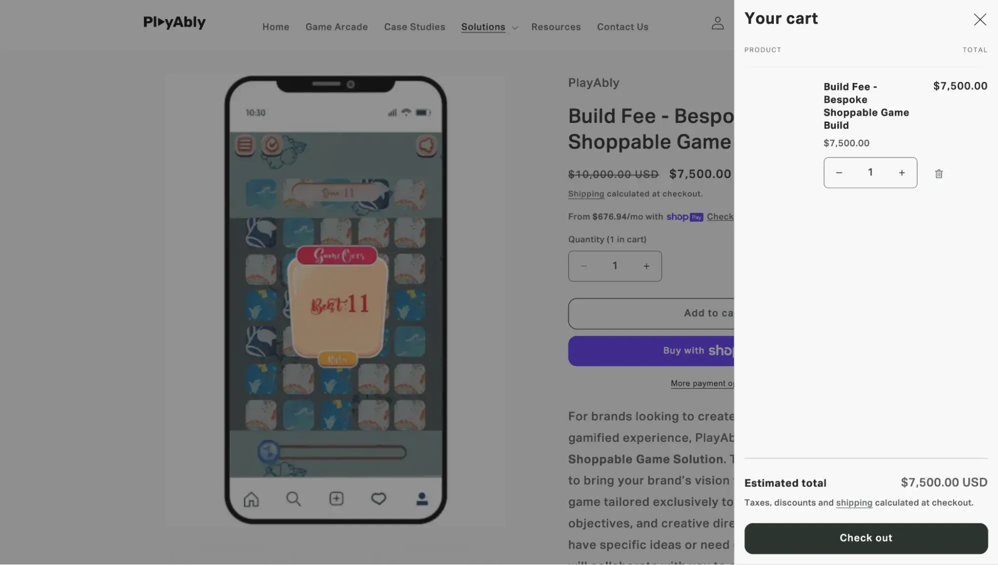 b2b ecommerce website examples: playably’s shopping cart feature