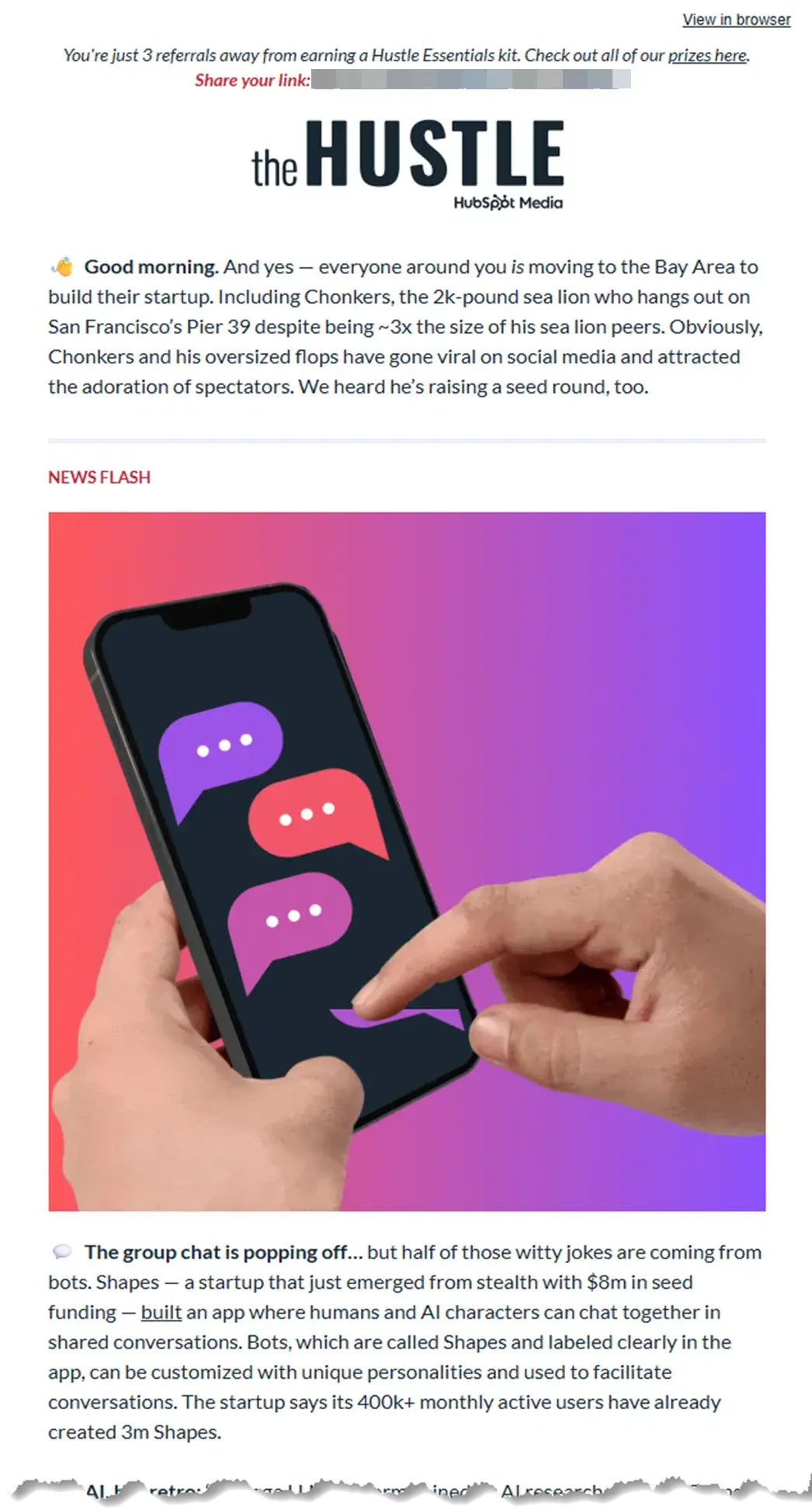 b2b email marketing examples; the hustle by hubspot