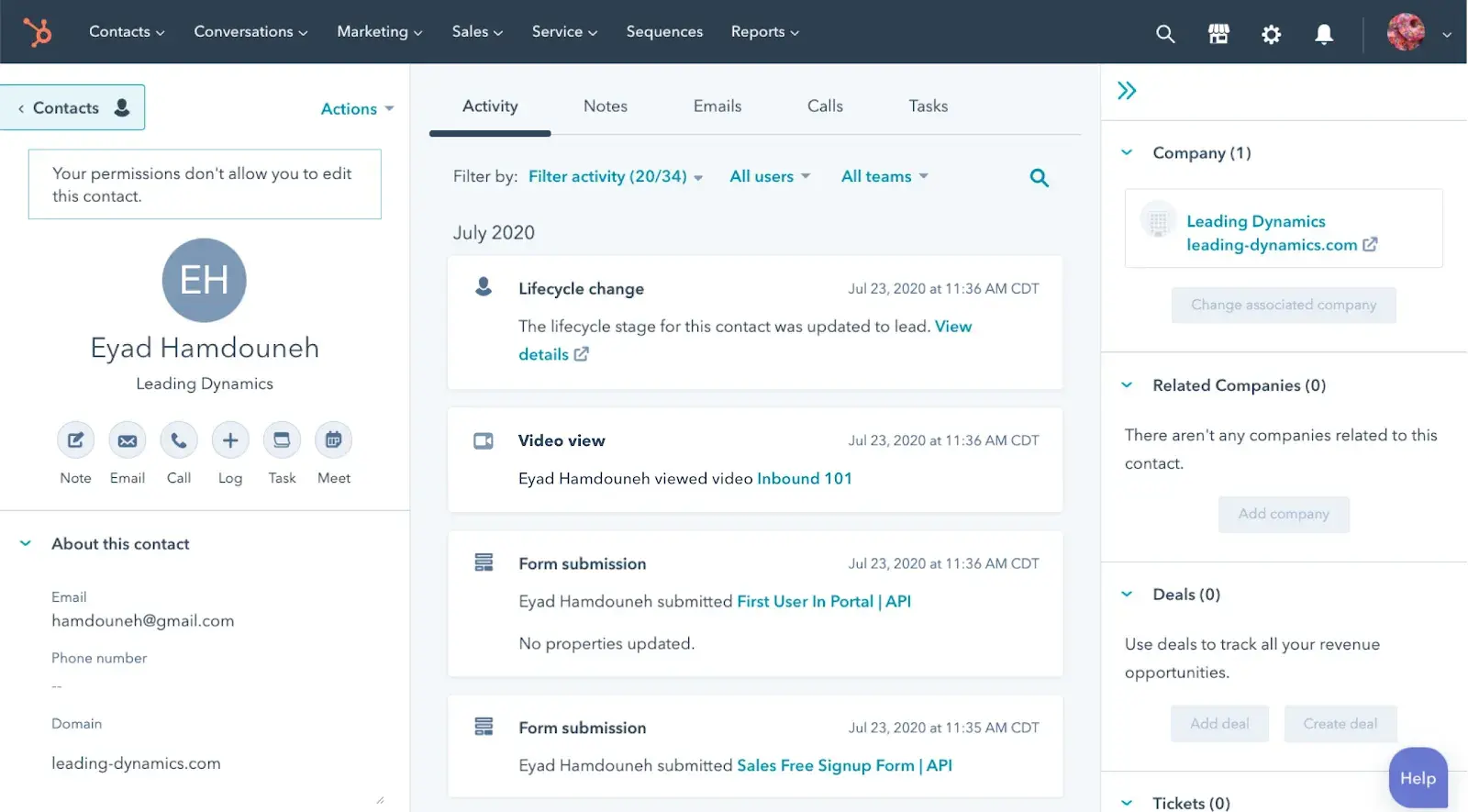 b2b marketing analytics: screenshot from b2b marketing tool, hubspots contact history section, to demonstrate how b2b marketers can track customer journeys.