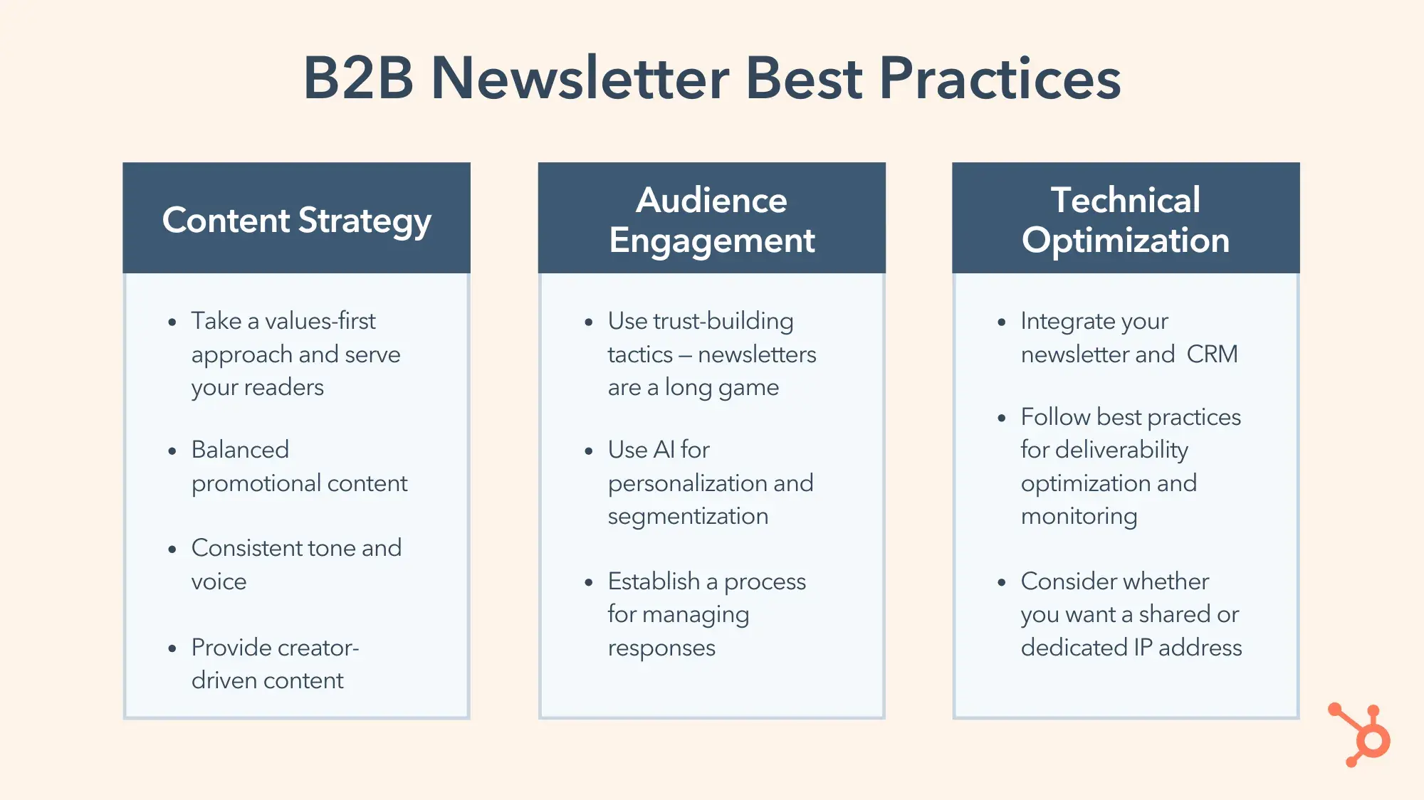 B2B Newsletter Best Practices. Content Strategy: Take a values-first approach and serve your readers. Balanced promotional content. Consistent tone and voice. Provide creator-driven content. Audience Engagement: Use trust-building tactics  newsletters are a long game. Use AI for personalization and segmentation. Establish a process for managing responses. Technical Optimization: Integrate your newsletter and CRM. Follow best practices for deliverability optimization and monitoring. Consider whether you want a shared or dedicated IP address.