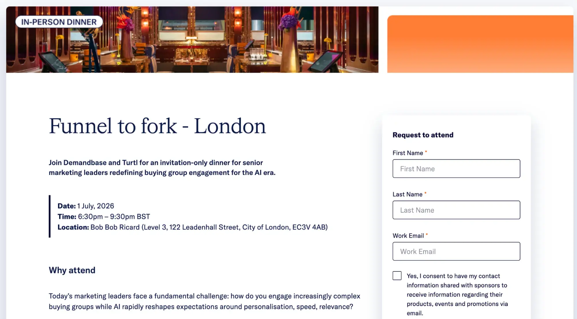 b2b saas marketing example: Demandbase invitation-only dinner event page