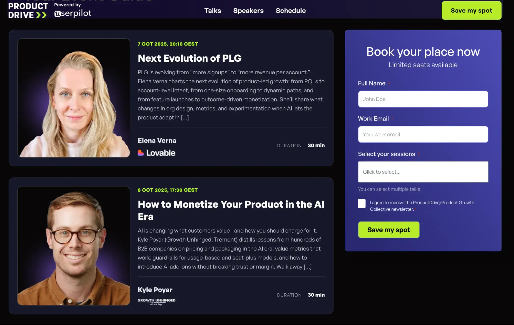 b2b saas marketing example: userpilot product drive webinar talks page