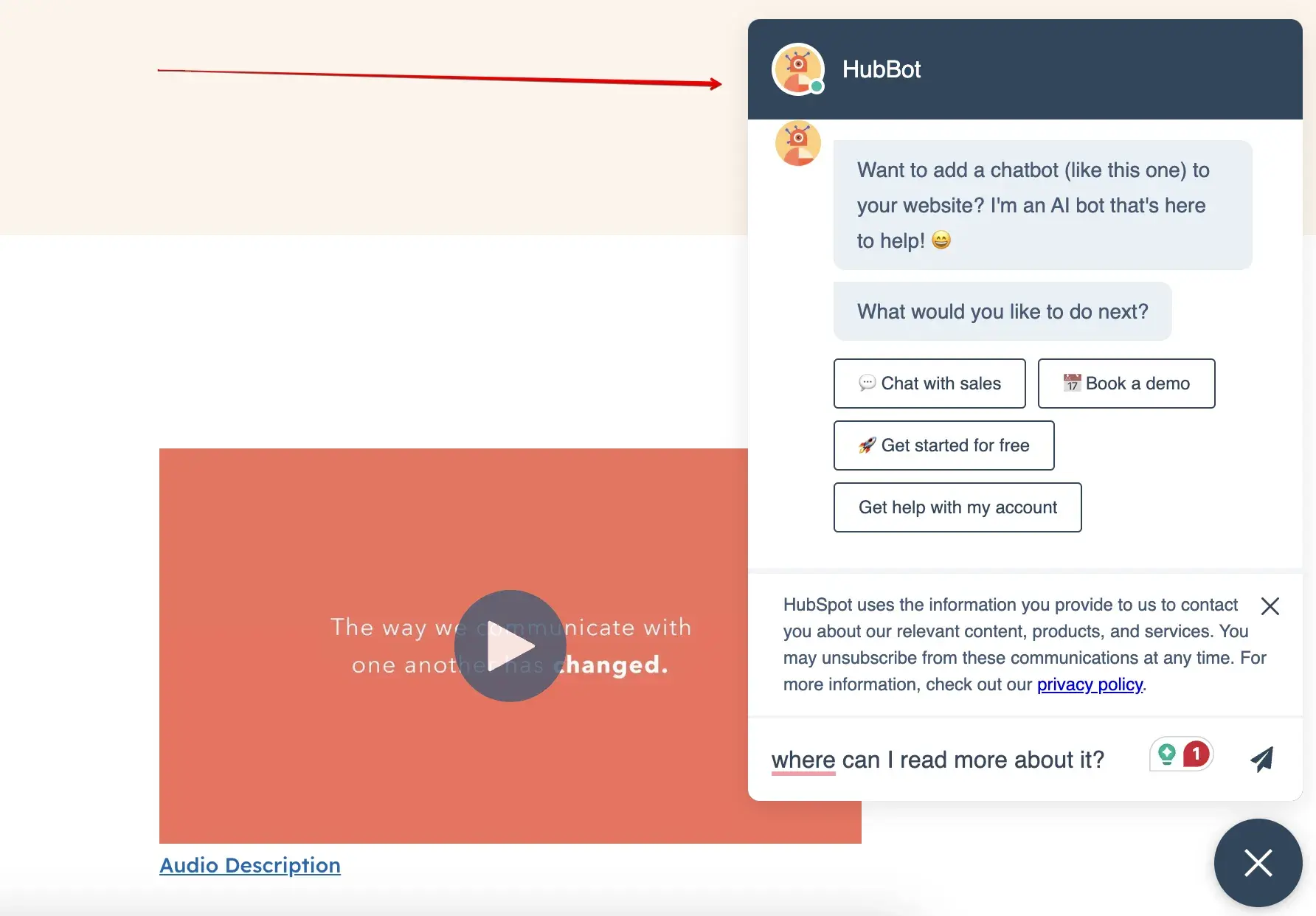 a great example of a lead bot on hubspots site.
