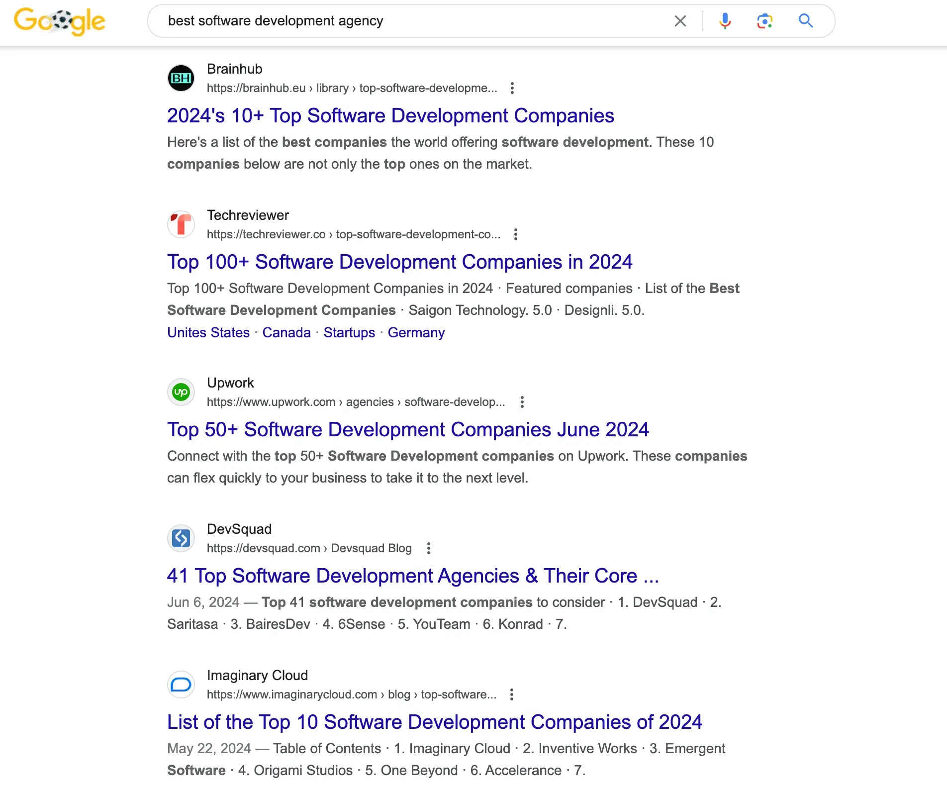 B2B SEO strategy; results from a Google search on best software development agency