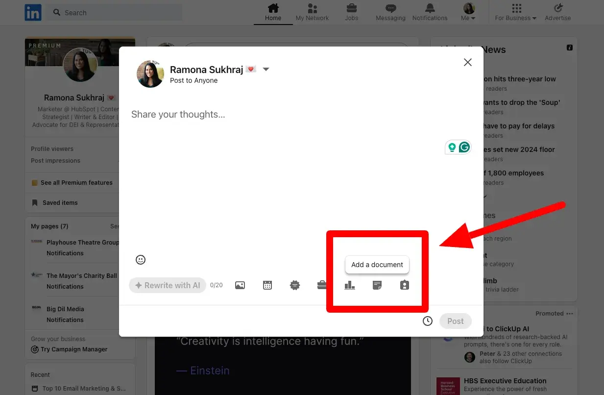 Screenshot showing LinkedIns add document feature