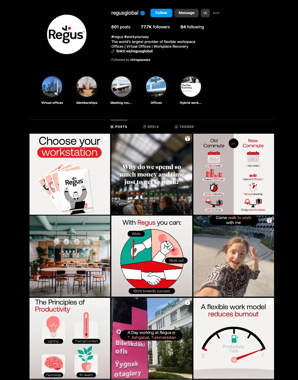 Screenshot showing Regus Instagram account and B2b social media marketing strategy