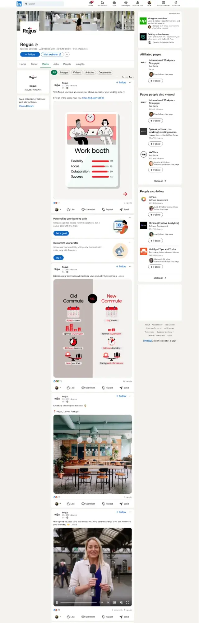 Screenshot showing Regus LinkedIn Company Page and B2b social media marketing strategy