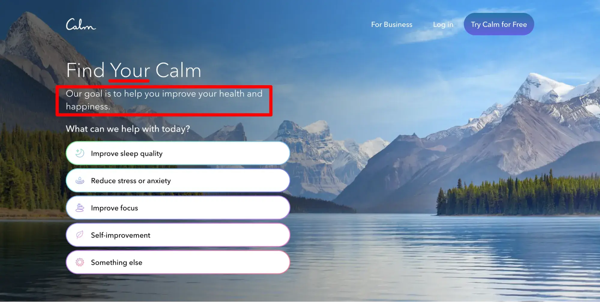 screenshot of calms homepage