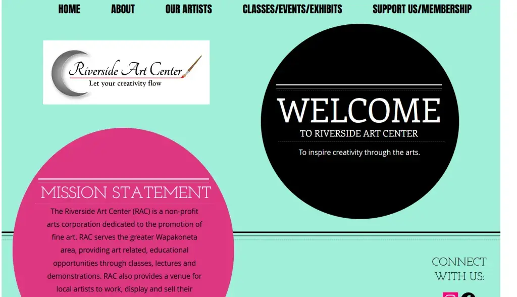 The homepage of Riverside Arts CenterCbad UI design