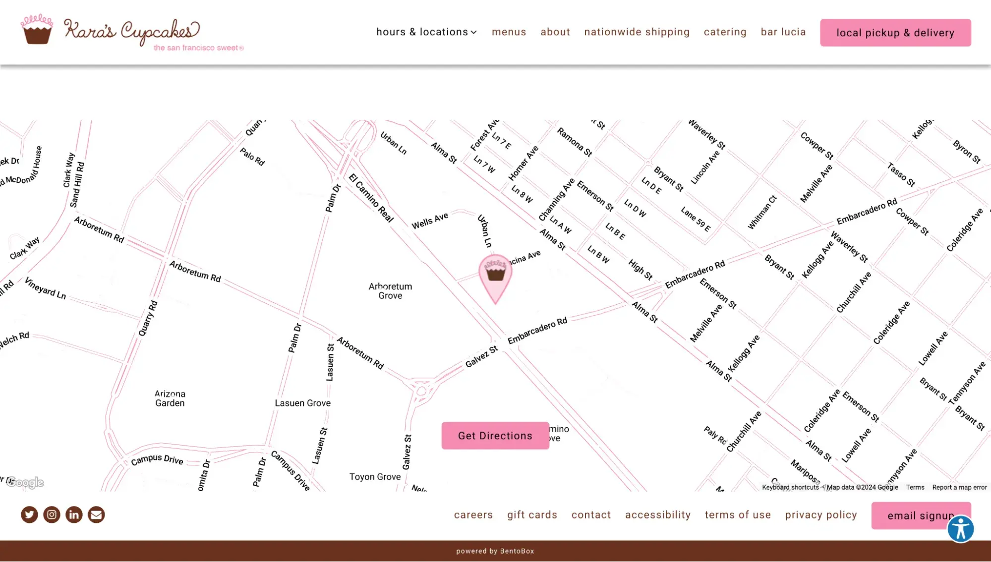 Karas Cupcakes website with an embedded Google Map that has a cupcake icon on it