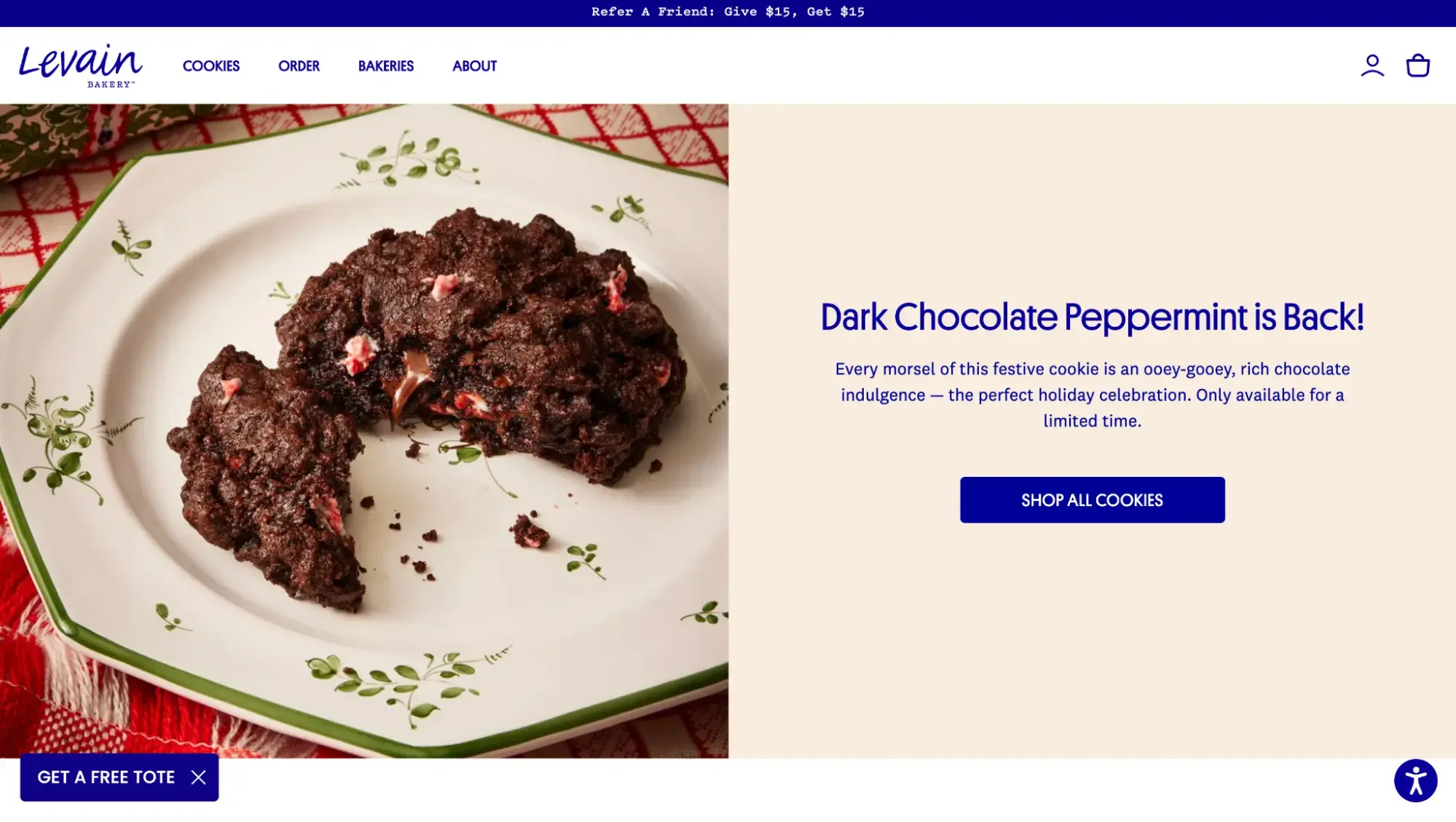 Levain Bakerys website design with a large dark chocolate peppermint cookie