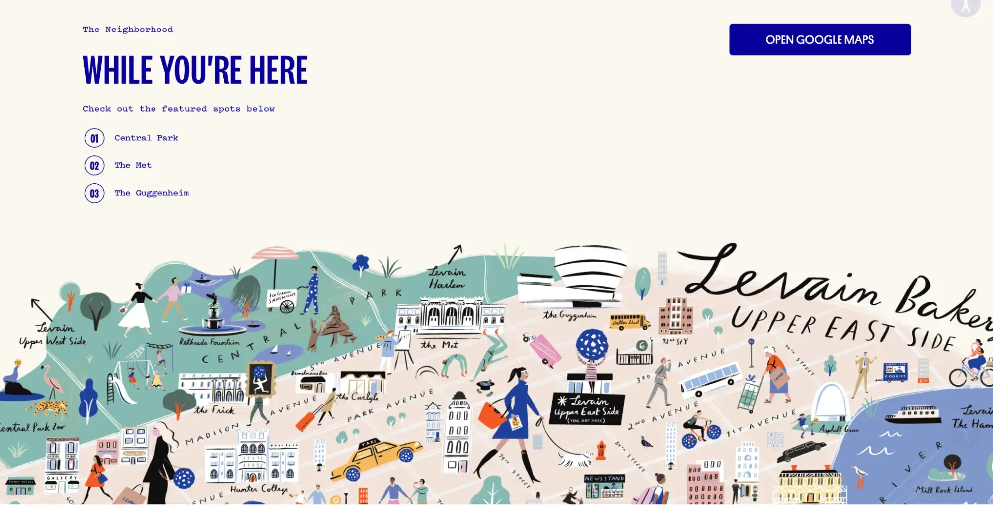 Levain Bakerys Upper East Side illustration featuring local landmarks like Central Park