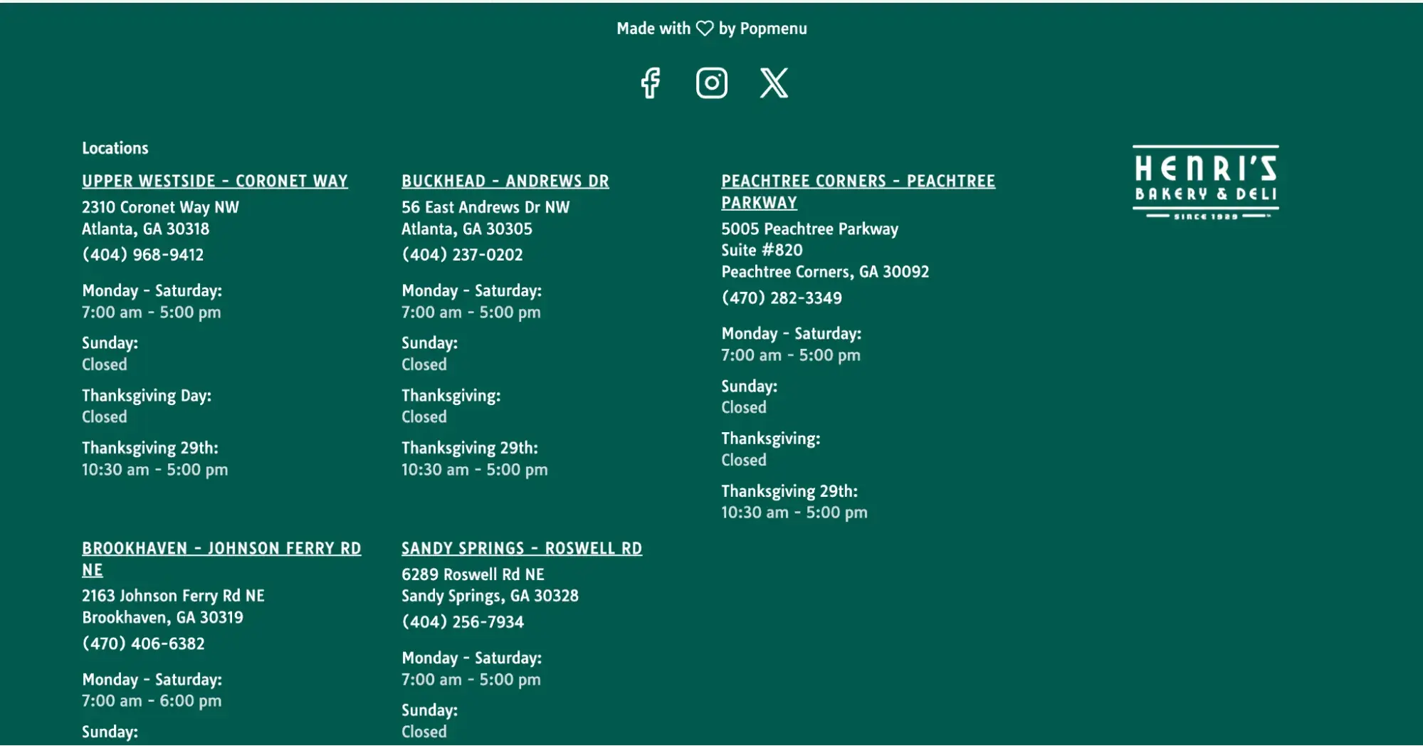 Henris Bakerys website footer with all of its locations listed