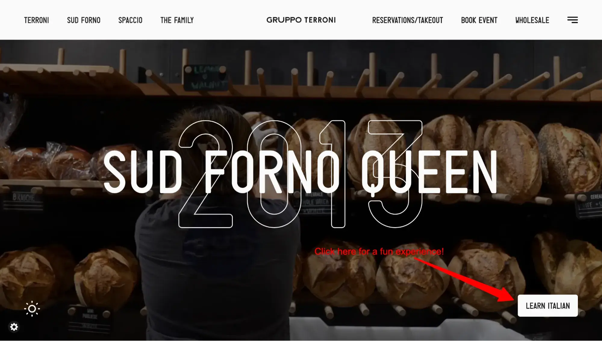 Sud Fornos website with a Learn Italian button in the lower right corner