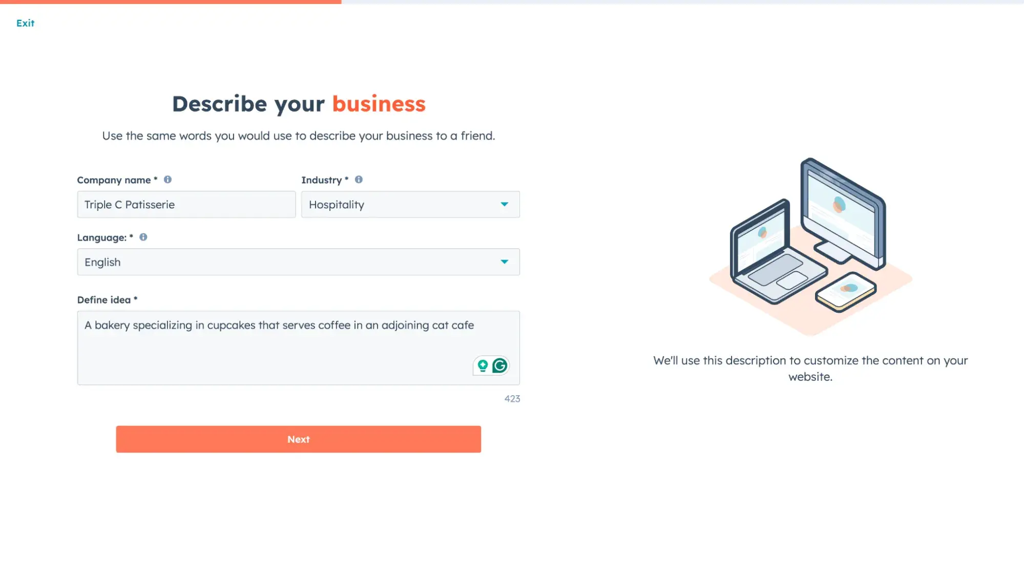 51Թϡs AI website generator asking the user to describe their business