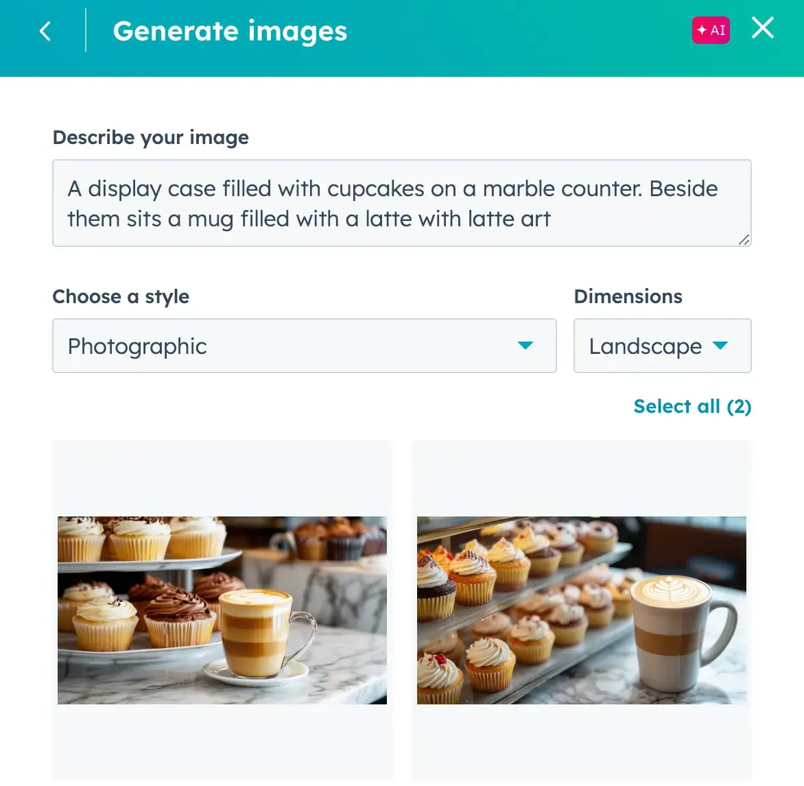 51Թϡs AI image generator with a prompt describing cupcakes and coffee, along with two images generated from the prompt