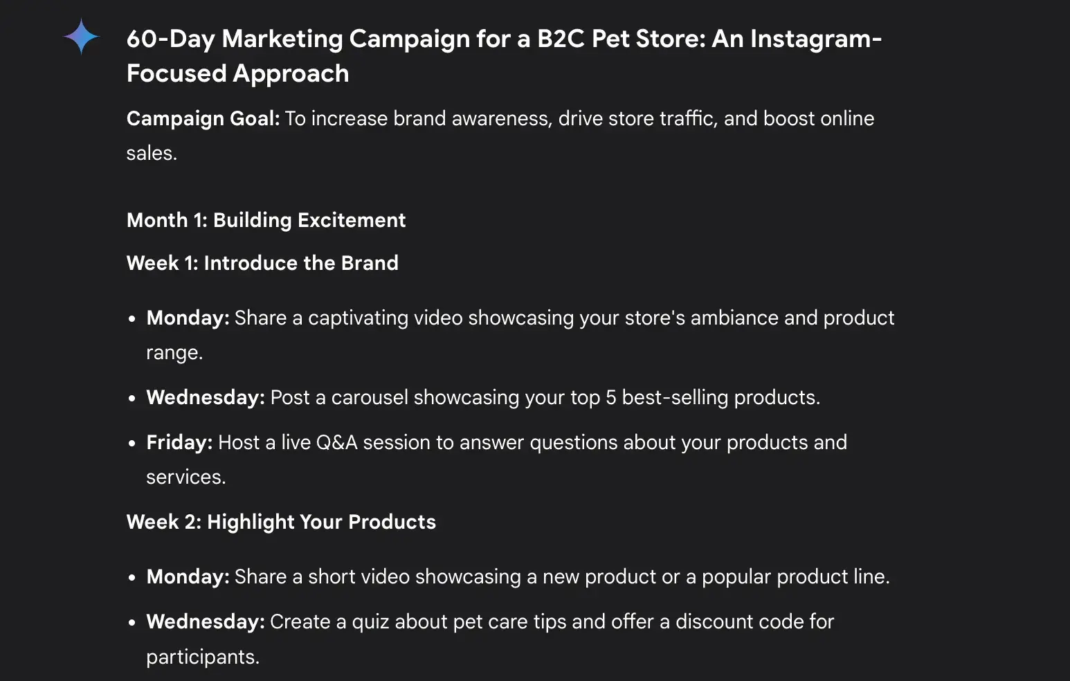 a screenshot of how I prompted Googles Gemini to create a marketing campaign with a social media calendar