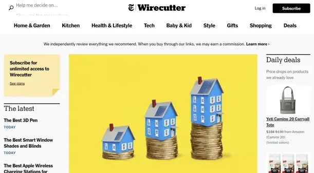 best affiliate programs example �� wirecutter homepage featuring product recommendations and daily deals with commission disclosure