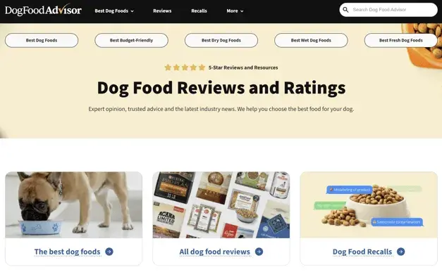 best affiliate programs example �� dog food advisor homepage with product reviews and ratings demonstrating niche affiliate site strategy