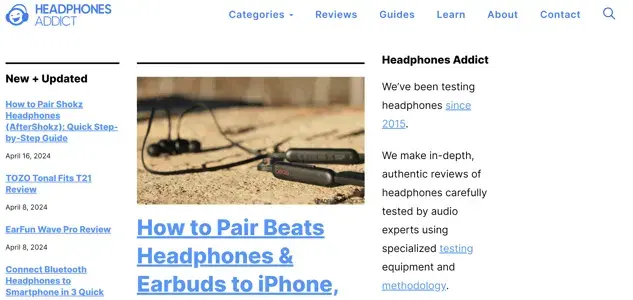 best affiliate programs example �� headphones addict affiliate review site homepage featuring in-depth headphone reviews and testing methodology