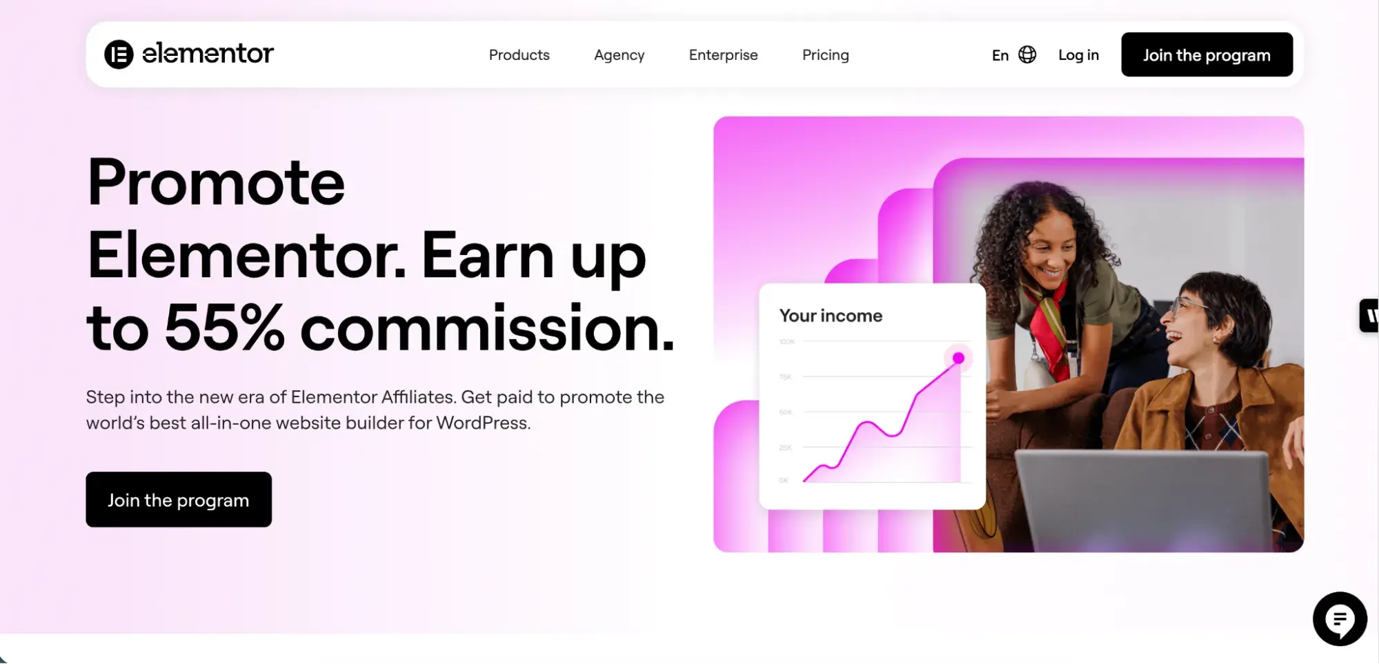 best affiliate programs for creators �� elementor affiliate program homepage promoting up to 55% commission for referring wordpress website builder customers