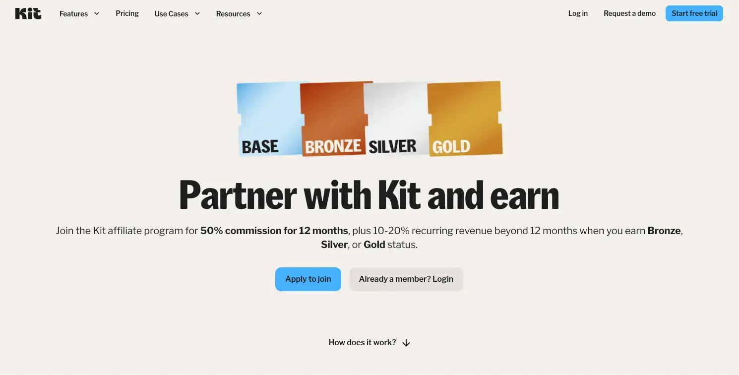 best affiliate programs for email marketing �� kit affiliate program page showing base, bronze, silver, and gold tiers with 50% commission for 12 months