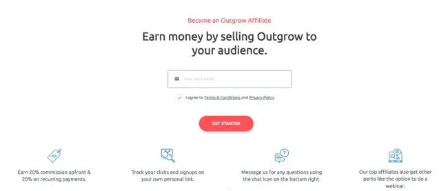 best affiliate programs for marketers �� outgrow affiliate program signup page showing 20% upfront and recurring commission structure