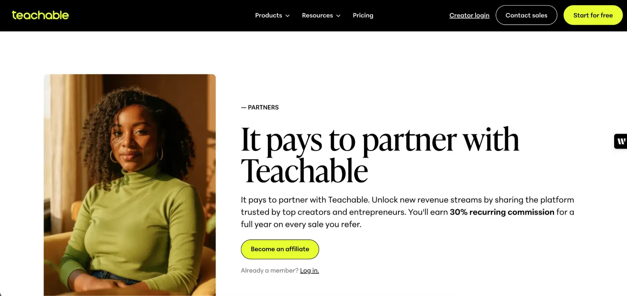 best affiliate programs for online education �� teachable affiliate partner program page showing 30% recurring commission for a full year on every referral