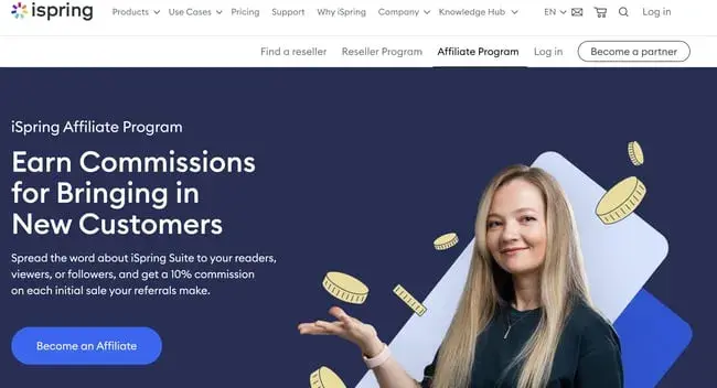 best affiliate programs for e-learning �� ispring affiliate program homepage with commission structure for e-learning software referrals